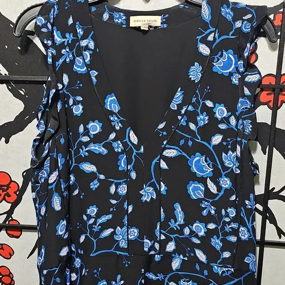 Rebecca Taylor Sleeveless Silk Black and Blue Floral Midi Dress Size 4 - Picture 4 of 8
